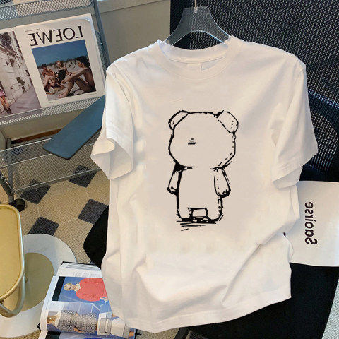 Summer new bear short sleeve T-shirt women's Korean loose aging Hong Kong style student half sleeve ins