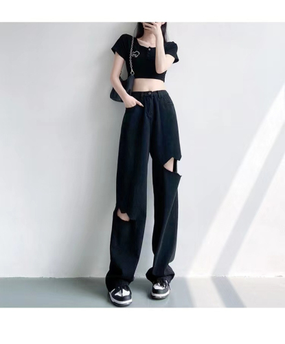 Non real shot spring and autumn black pierced jeans women's loose straight wide leg pants high waist thin pants