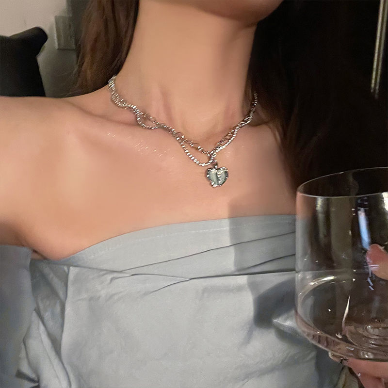 Cool little sister micro inlaid love necklace female advanced design niche double-layer winding summer Spice Girl collarbone chain