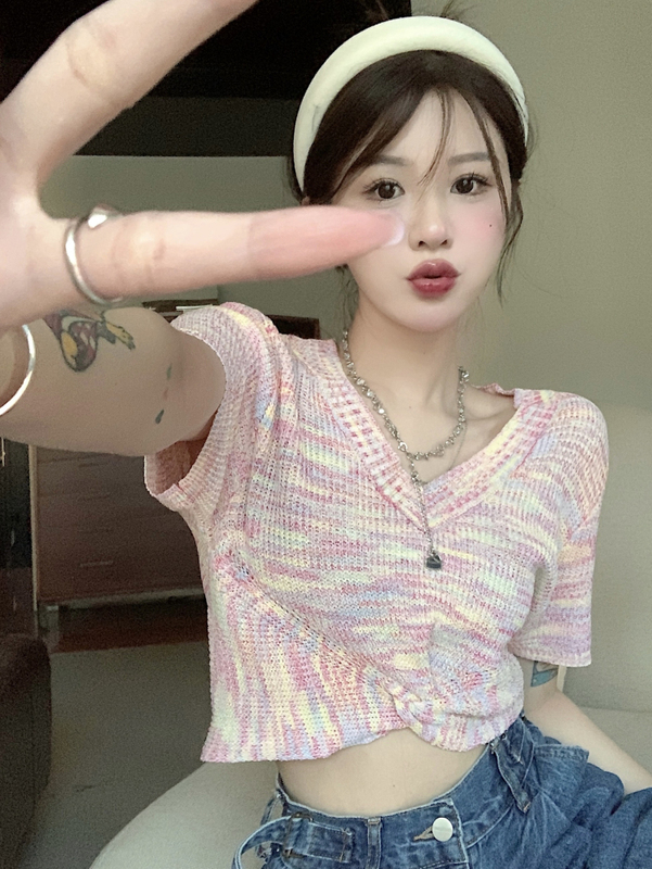 Real price V-neck rainbow kink high waist knitting ice cool silk short sleeve new style