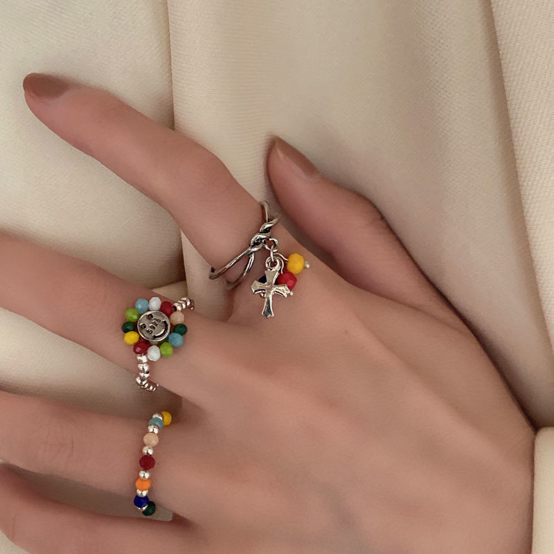 Summer colorful Beaded flowers smiling face ring female ins fashion light luxury niche advanced sense index finger ring Vintage Ring