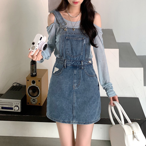 Real price salt denim strap skirt women's Korean version versatile loose skinny denim skirt