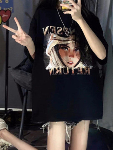 American Retro Black Short Sleeve T-Shirt women's summer loose Guochao brand ins design sense niche oversize top