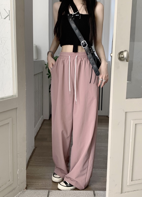 Real shot Real Price Pink loose casual pants summer sports straight pants elastic waist thin pants