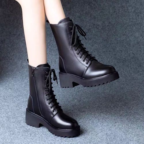Real soft leather Martin boots women's autumn and winter  new thick bottomed short boots flat bottomed British style versatile medium boots women's versatile