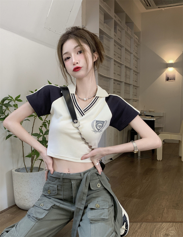 Real price ~ American retro college style color contrast short polo collar front shoulder Short Sleeve T-Shirt Top