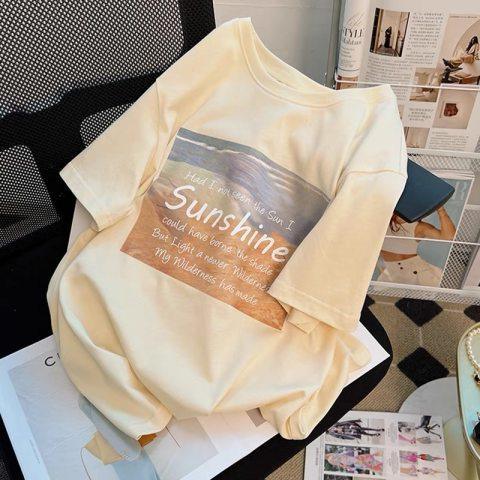 Apricot T-shirt women's short sleeve 2022 summer loose cotton Japanese retro print