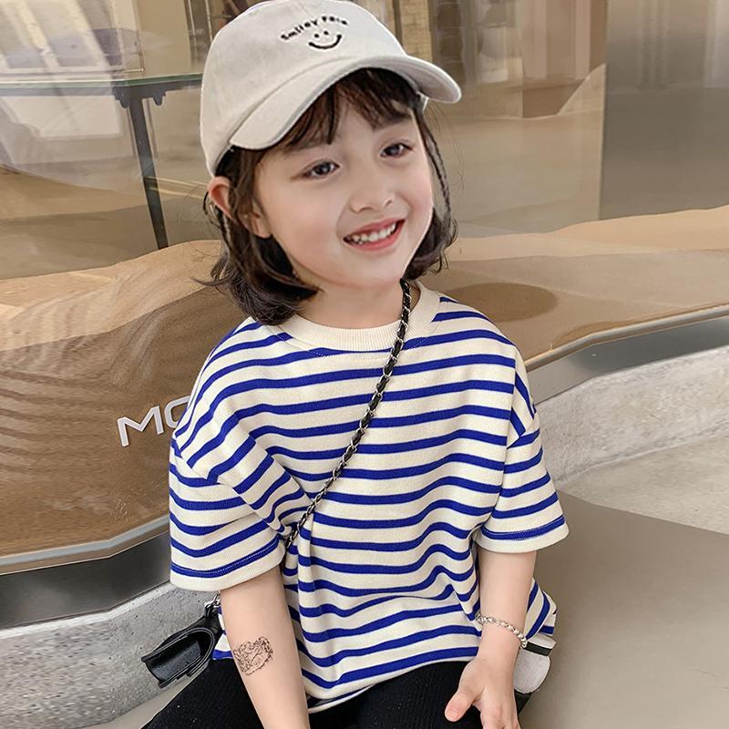 Children's Cotton Short Sleeve T-Shirt 2022 foreign style boys' baby Half Sleeve Striped Top little girls' summer bottom shirt