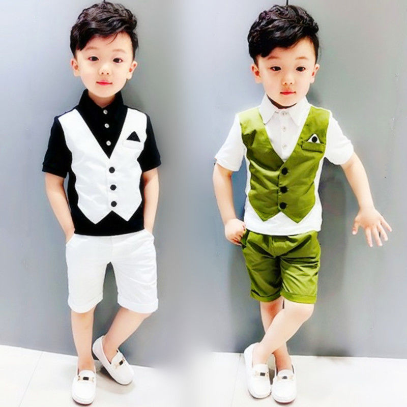 Children's short sleeve suit, boys' vest fake two-piece suit, flower girl dress, short sleeve shirt suit, summer two-piece suit