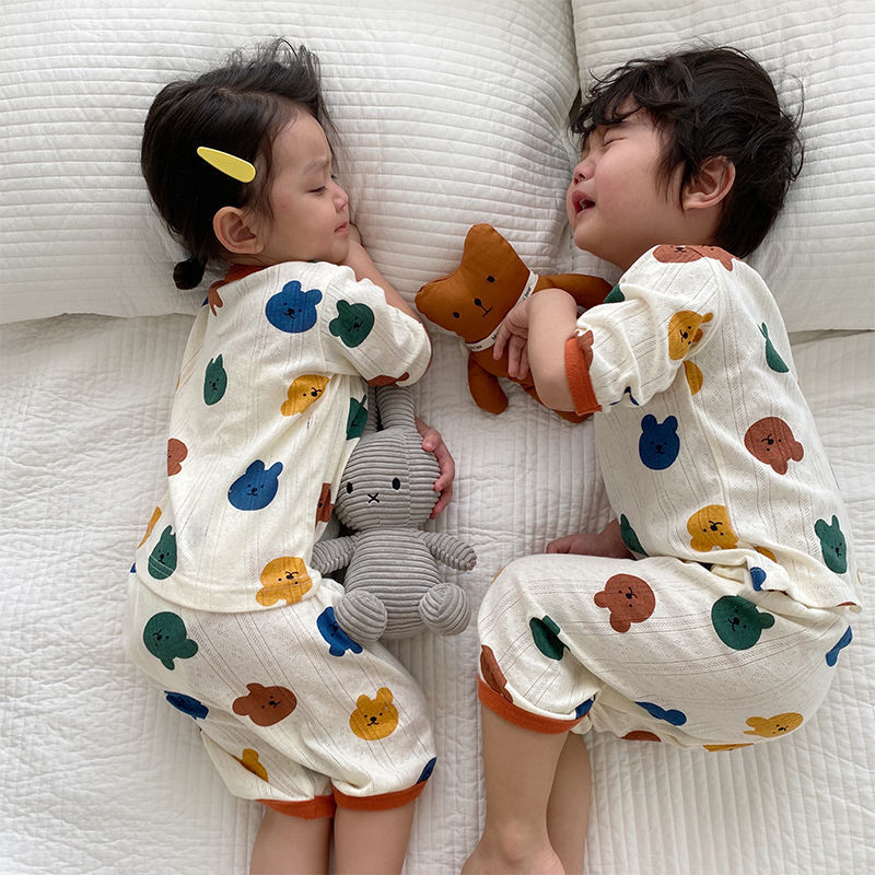 Children's air conditioning suit cotton men's and women's children's thin pajamas summer baby breathing cotton cartoon seven point sleeve thin
