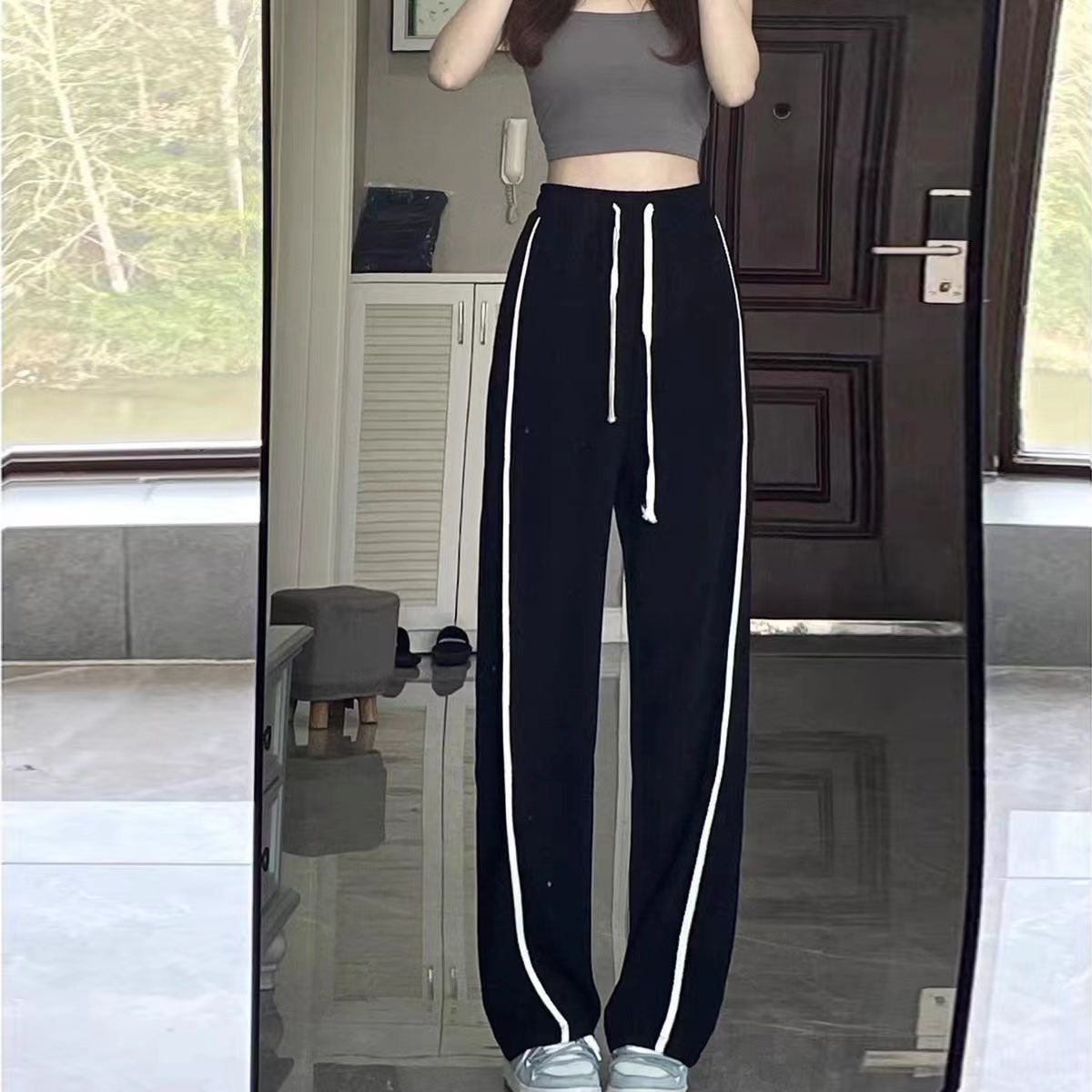 Black drawstring wide leg pants for women in early spring loose and thin large size fat mm high waist straight tube casual sports pants