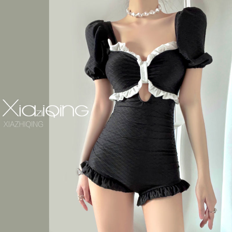 Swimsuit female 2022 new popular black Korean ins hot spring one-piece conservative high waist covering belly thin student
