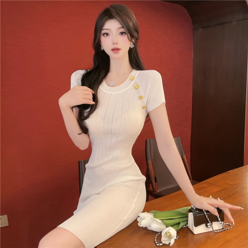 Real shooting season new style slim dress round neck button buttock Knit Skirt bottomed skirt