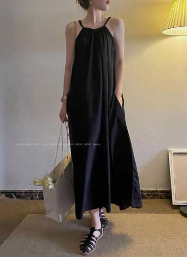 Real price Han chic design sense sling drawcord simple temperament small black skirt pocket OP dress