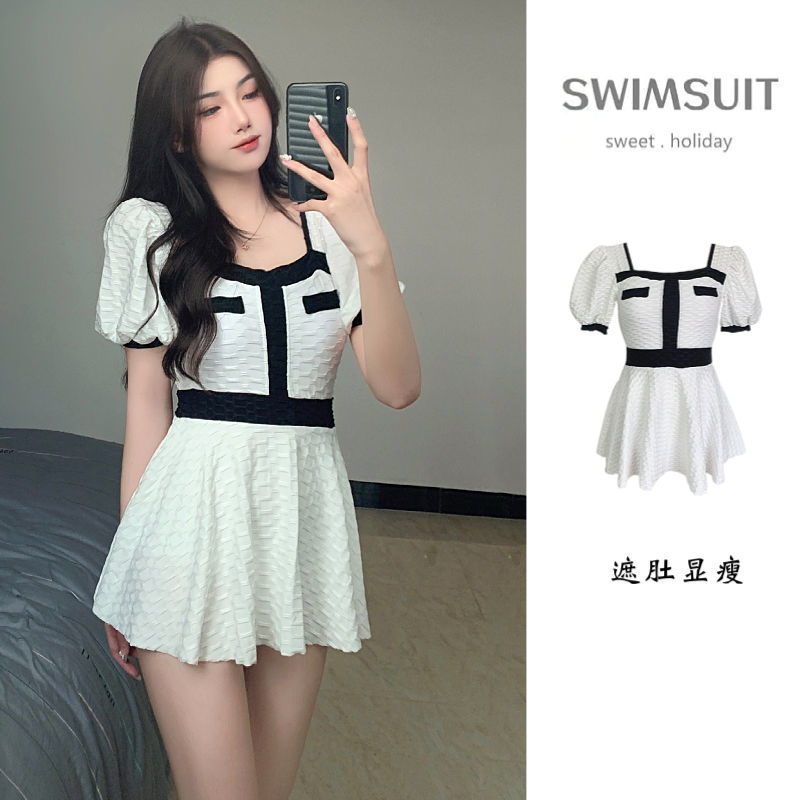 2022 new swimsuit women's summer one-piece skirt conservative student fashion slim cover belly sexy Forest Department bubble hot spring