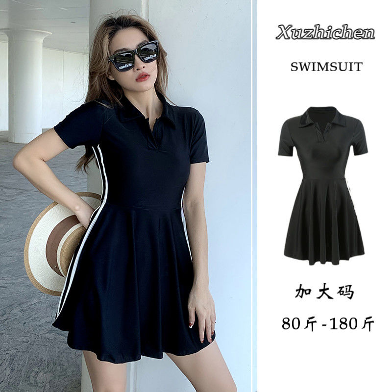Swimsuit women's hot spring large size fat mm split swimsuit black sports conservative cover meat slim V-neck one-piece skirt style