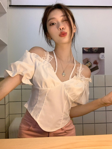 Realistic design sense lace splicing bubble sleeve off shoulder suspender Shirt New French top