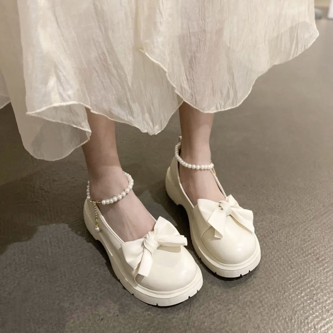 Mary Jane small leather shoes women's summer 2022 new fashion versatile bowknot pearl thick heel shallow mouth single shoes trend