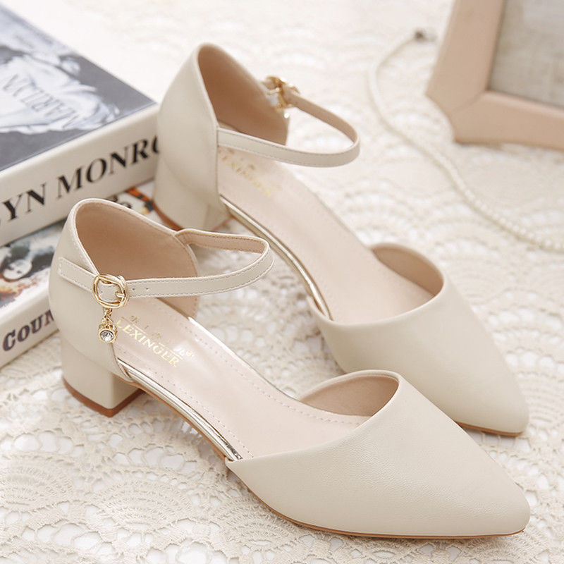 Real soft leather sandals with soft soles, women's thick heels, 2022 spring and summer new Mid Heel single shoes, women's versatile Baotou work shoes
