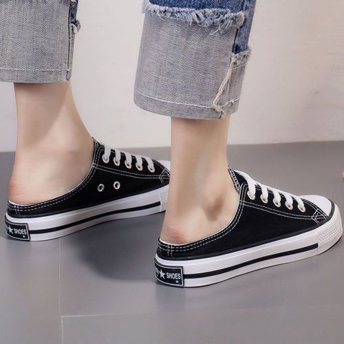 Half trailer canvas shoes female student Korean  new one foot lazy shoes ins fashionable cloth shoes no heels
