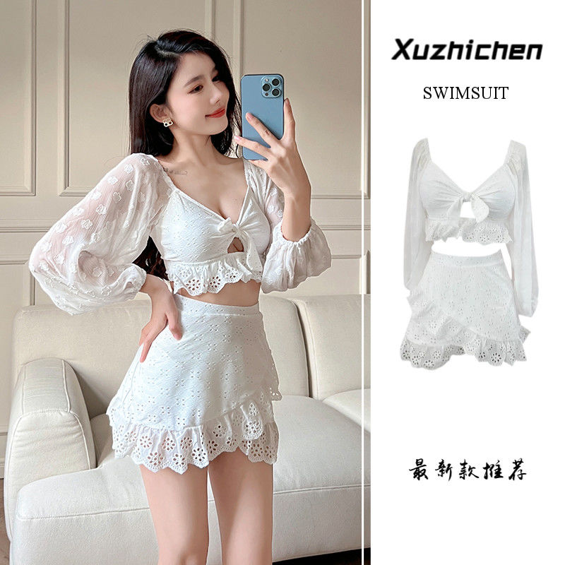 2022 new style swimsuit women's hot spring bikini split long sleeve small chest gathered to cover the belly and show thin sexy swimsuit