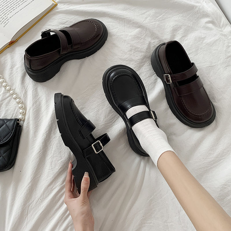 British small leather shoes women's summer thin style with skirt French thick bottom Black Retro Mary Jane shoes JK shoes Japanese Series