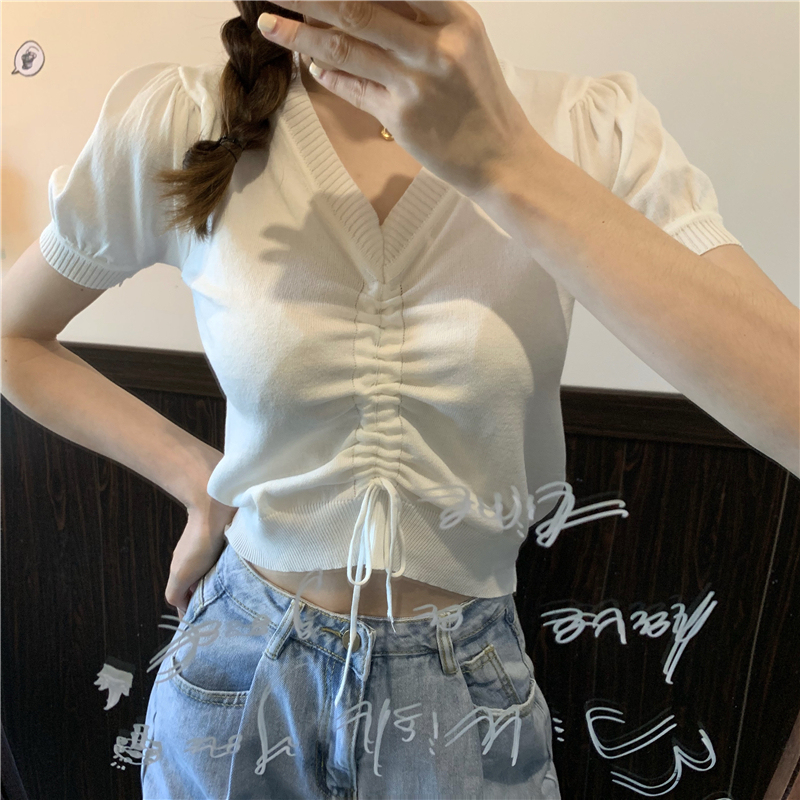 Real photo real price summer new style drawstring short sleeve T-shirt reduced age bubble sleeve top