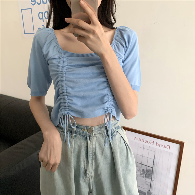 Real shot real price summer new style slim short drawstring T-shirt short sleeve top