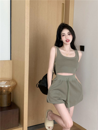 Real price fried Street suit U-neck vest short top casual wide leg shorts two-piece set