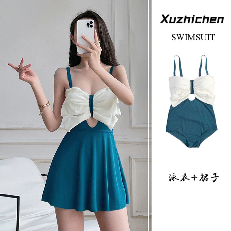 2022 new swimsuit women's hot spring conservative Korean ins one-piece skirt student high waist slim suspender swimsuit