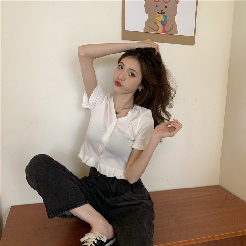 Real photo real price summer new all-around short V-neck short sleeve solid color lace knitted cardigan