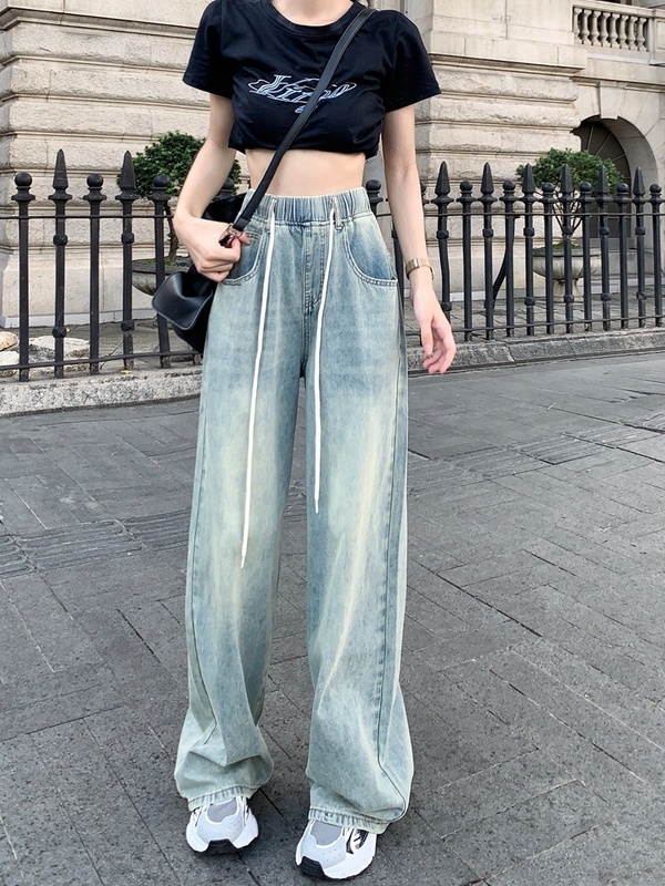 Real price # high waist thin design feeling drawstring lace up wide leg floor pants women's new denim pants