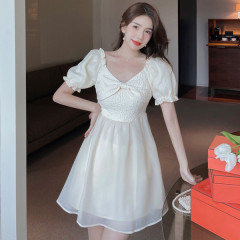 2022 summer style French bubble sleeve mesh splicing fugitive Princess short sleeve dress square neck versatile short skirt