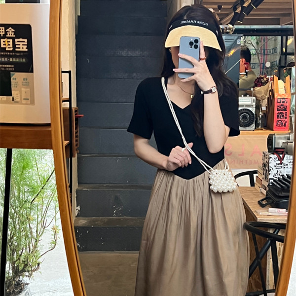 Lined French contrast dress women's summer 2022 new design slim skirt