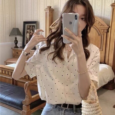 Summer 2022 new design sense suit collar wave point French Chic top fashion short sleeved shirt