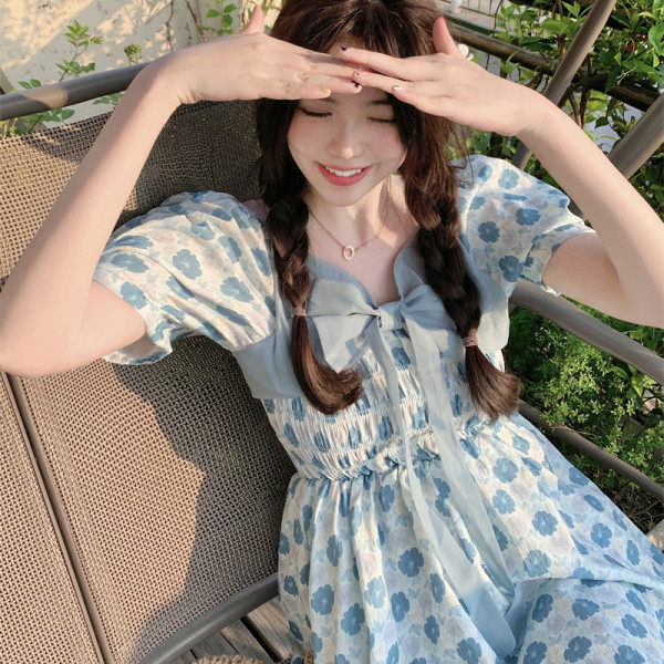 2022 summer new sweet square collar floral bow with two front and back bubble sleeve dresses for women