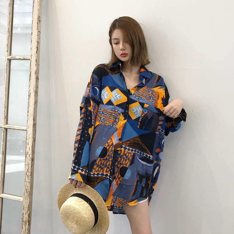 Xiao Nian custom summer ink geometric printing shirt women's long-sleeved loose sunscreen shirt retro gentle wind top