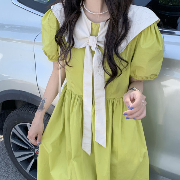 Contrast color doll collar lace up short sleeved dress women's summer design sense of minority sweet first love loose thin skirt