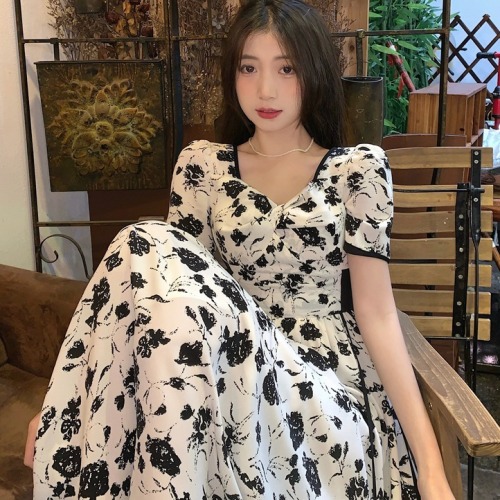 French Rose Floral dress women's dress fat mm girlfriends dress summer niche waist slim skirt