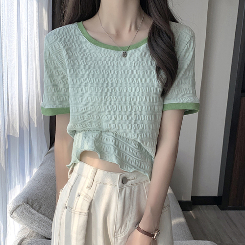 Small fresh  summer new style fungus edge contrast short sleeve T-shirt women's thin short chiffon shirt versatile top