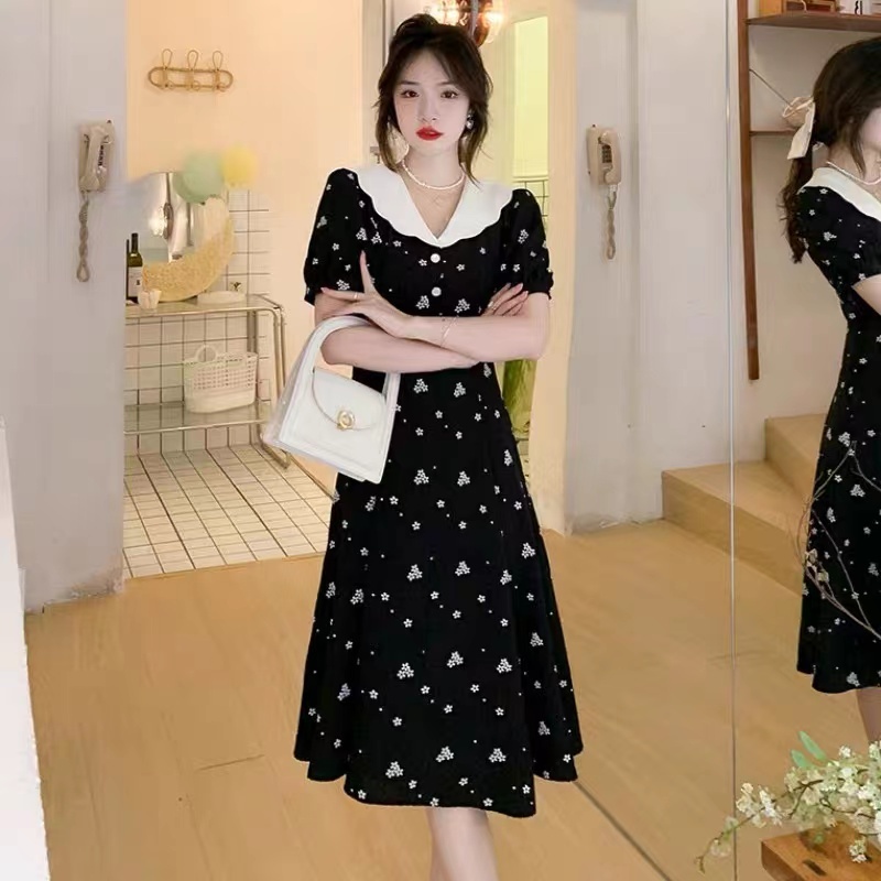 Large women's dress summer 2022 commuting Korean version sweet doll neck high waist thin medium length floral skirt