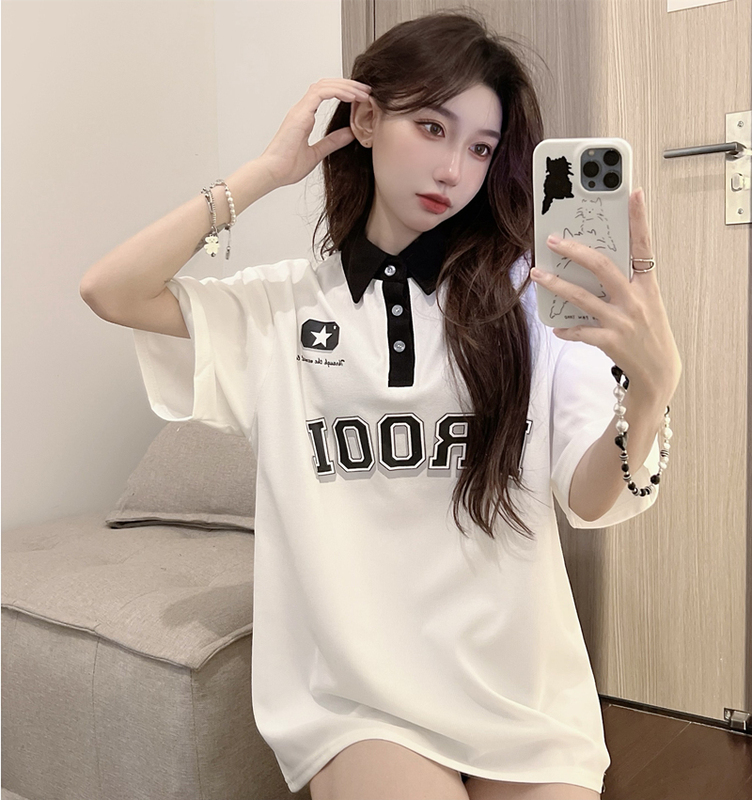 Real price 100% fiber Imitation cotton bead American Harajuku Polo Shirt Short Sleeve T-Shirt women