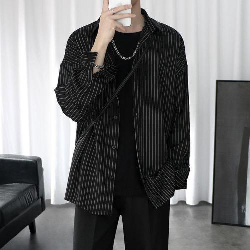 [three piece set] striped shirt men's Hong Kong style casual loose upper clothes men's student trend black long sleeved shirt