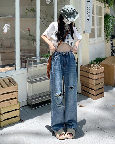 Real auction, real price, 2022 summer new style pierced burr straight jeans, women's high waist loose wide leg pants