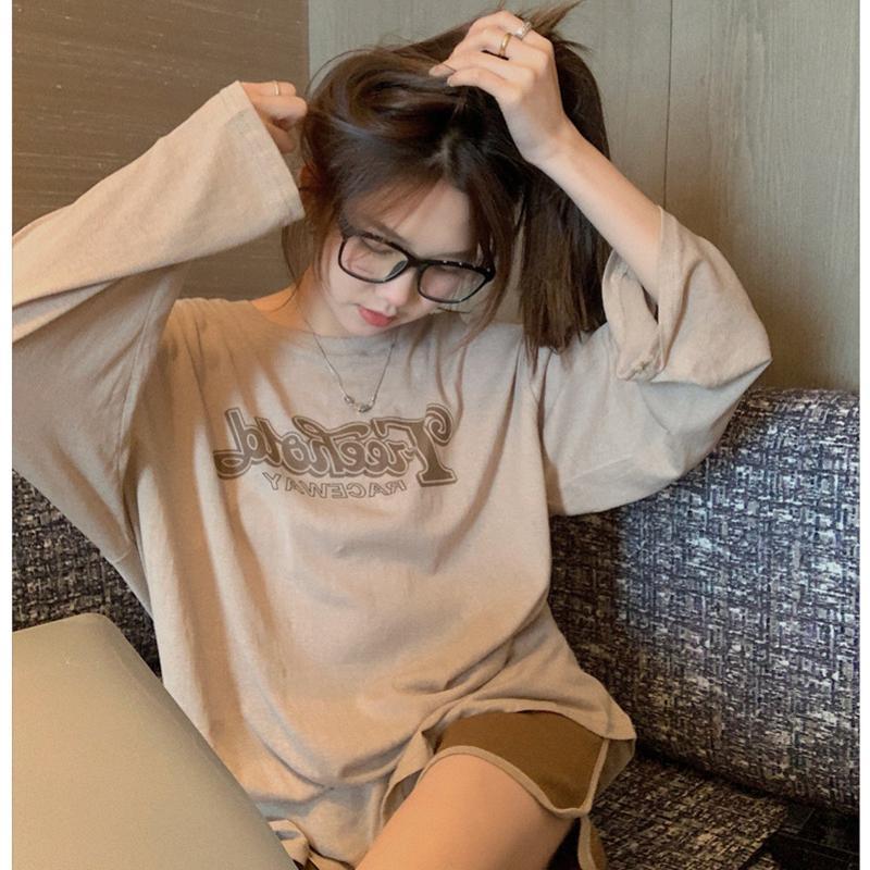 6535 Pullover cotton American retro alphabet printed long sleeve T-shirt women's design sense niche loose casual top
