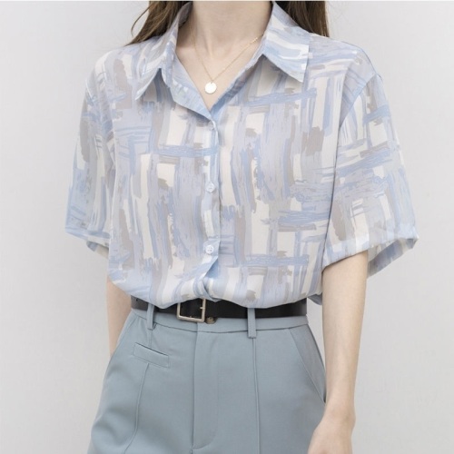 Short sleeved shirt summer design sense of minority thin style high sense V-neck top Chic French CHIFFON FLOWER shirt women
