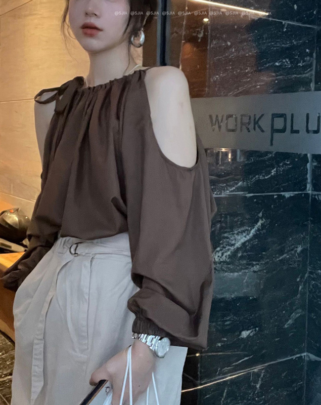Real shooting, real price, Korean chic color design, lace up, neck hanging, off shoulder shirt