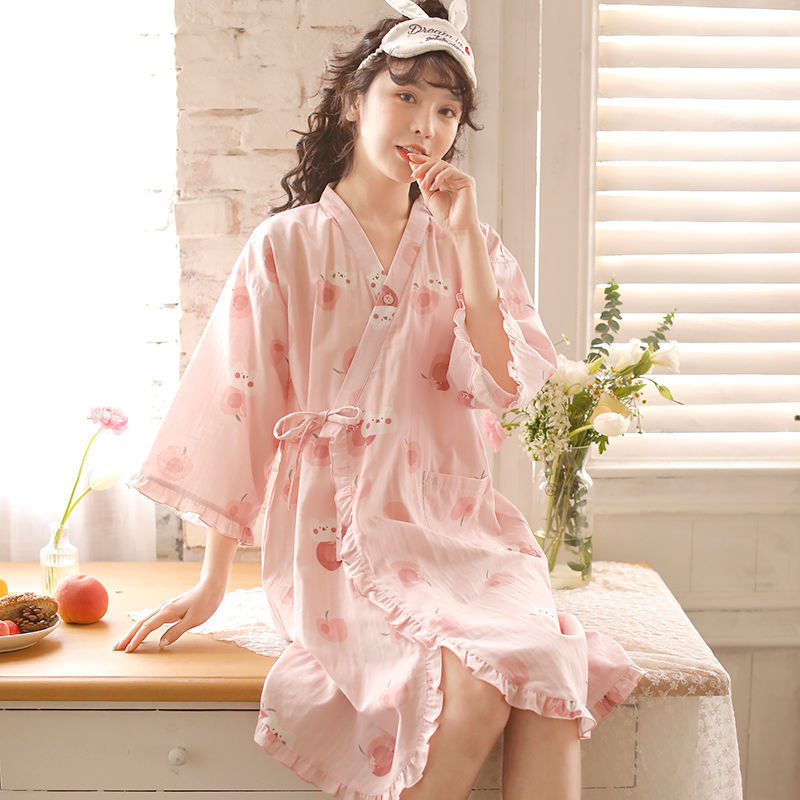 Kimono women's Chinese style Nightgown women's cotton summer bathrobe Japanese style and style pajamas thin sweat steam clothes bathrobe large