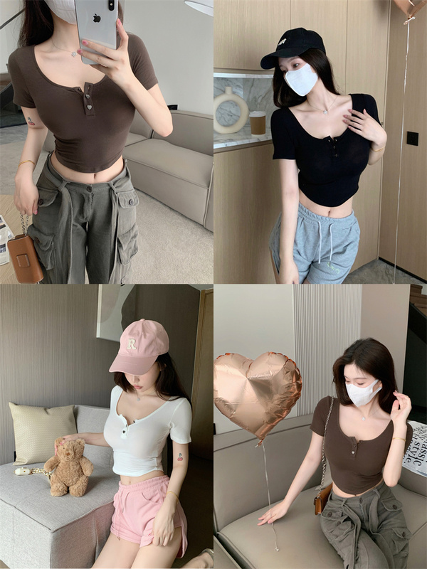 Real price new American retro short sleeve T-shirt, women's Spice Girls slim waist SLIM STRAIGHT shoulder top