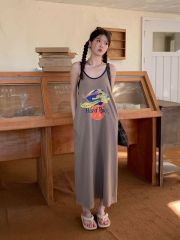 Real price American Vintage Vintage printed suspender skirt sleeveless dress pocket super long T-shirt skirt